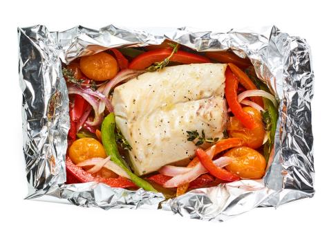 Foil-Packet Striped Bass with Peppers and Tomatoes