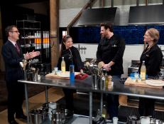 Chopped: After Hours host Ted Allen talks with chefs: Alex Guarnaschelli, Scott Conant and Amanda Freitag who must make a dessert with: vanilla pudding cups, wafer sheets, lemon soda and a torch, as seen on Food Network's Chopped: After Hours.