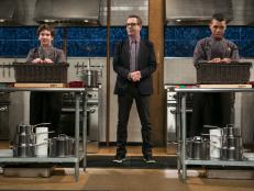 Chopped host Ted Allen stands between teen competitors Jason Khaytin (14) and Jay Urena (16) before they start the dessert round, as seen on Food Network's Chopped, Season 21.