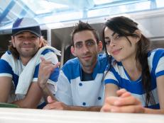 Team Middle Feast Arkadi Kluger, Tommy Marudi and Hilla Marudi during a selling challenge in Venice, CA., as seen on Food Network's The Great Food Truck Race Season 5.