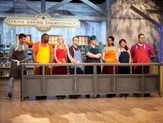 Contestants pause before the start of the judging of the pre-heat "flower cupcake" challenge, as seen on Food Network's Spring Baking Championship, Season 1.