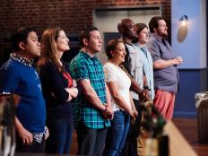 Finalists Arnold Myint, Emilia Cirker, Dom Tesoriero, Michelle Karam, Eddie Jackson, Alex McCoy and Jay Ducote during the reveal of the Star Challenge, Improv, as seen on Food Network Star, Season 11.