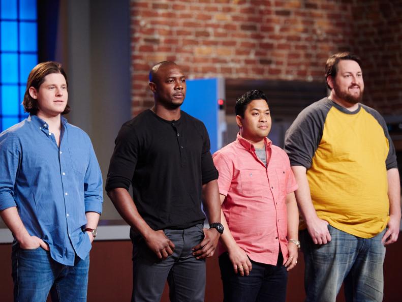 Finalists Arnold Myint, Alex McCoy, Eddie Jackson, and Jay Ducote, during the Mentor Challenge, Morning TV Segment, as seen on Food Network Star, Season 11.