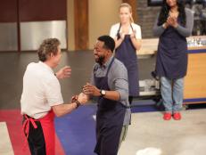 Contestant Barry Williams wins the elimination round against Jaleel â  Urkelâ   White, in the kitchen as seen on Food Networkâ  s Worst Cooks In America: Celebrity Edition, Season 7.