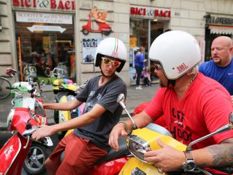 Hunter and Guy Fieri on Vespa's about to tour Rome, Italy as seen on Food Network's Guy's European Vacation episode 2.