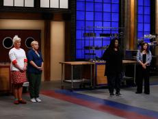 Mentor Anne Burrell and recruit Nicole Sullivan of the red team and mentor Rachael Ray and recruit Loni Love of the blue team await the judges' decision during the final elimination, as seen on Food Network's Worst Cooks in America, Season 9.