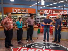 Contestants Kevin Champion, Samantha Mitchel, and Stephen Jones watch as host Guys Fieri welcome's judge Robert Irvine, as seen on Food Network's Guy's Grocery Games, Season 11.