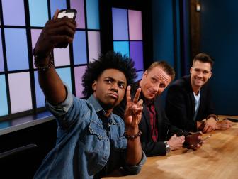Judge Lazarus Lynch takes a selfie with Marc Murphy and James Maslow, as seen on Food Network's Chopped Junior, Season 4.
