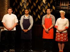 Hosts Anne Burrell and Tyler Florence stand with with contestants Nick Slater and Lawrence Crawford during the announcement of the winner of the final menu challenge, as seen on Food Network’s Worst Cooks In America, Season 8.