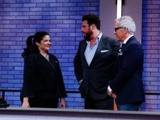 Mentor Alex Guarnaschelli talks with guest professors Scott Conant and Geoffrey Zakarian during the elimination round, as seen on Food Network's All Star Academy, Season 2.