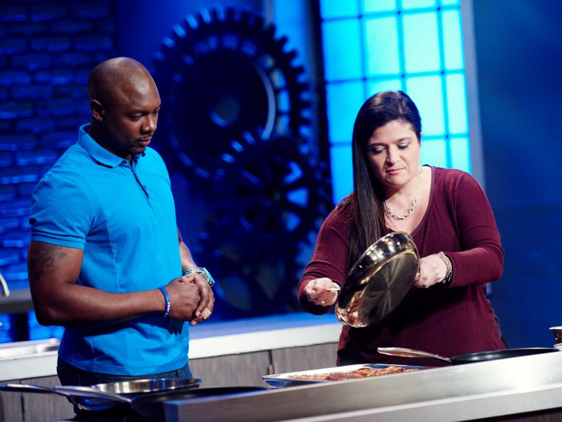 Hosts Eddie Jackson and Alex Guarnaschelli during the reveal of the Hometown Favorites challenge, as seen on Star Salvation for Food Network Star, Season 12.