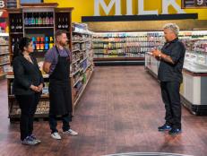 Host Guy Fieri addresses contestants Alex Guarnaschelli and Richard Blais announcing who will be eliminated, and who will be the winner of Guy's Superstar Games, as seen on Food Network's Guy's Grocery Games, Season 10.