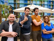 HGTV's Jonathan (LC) and Drew Scott (RC) pose with and Food network's Duff Goldman (L) and Tia Mowry (R) by the pool at the Linq hotel and Casino, as seen during the 2016 All Star Halloween Spectacular. (portrait)