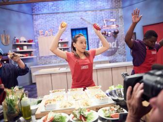 Contestants Liam Waldman, Amber Kelley and Isaiah Hooks finish preparing their dishes for the Star Challenge, as seen on Food Network Star Kids, Season 1.