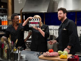 Judges Marcus Samuelsson (L), Amanda Freitag, and Scott Conant during the entrŽe round, Noodles, as seen on Food Network's Chopped After Hours, Season 32.