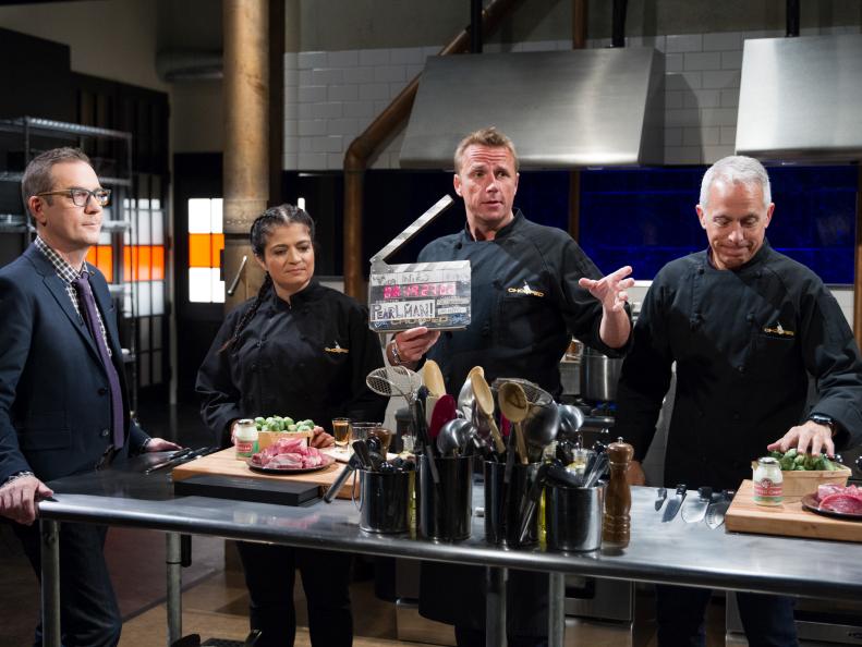 Host Ted Allen (L) with judges, Alex Guarnaschelli, Marc Murphy, and Geoffrey Zakarian on set during the appetizer cooking round, as seen on Food Network's Chopped After Hours, Season 32.
