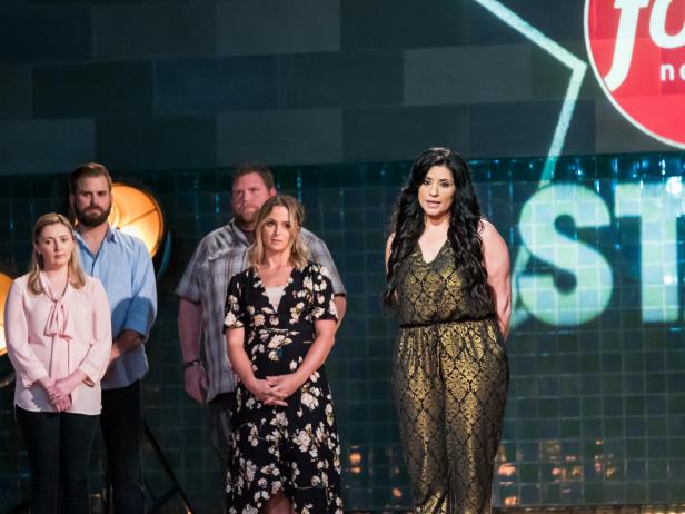 Contestants (left) Blake Bladwin, Trace Barnett, Addie Gundy, Cory Bahr, Rusty Hamlin and Amy Pottinger (right) behind contestant Suzanne Lossia introducing herself for the Mentor Challenge, Ready, Set...Rehearse!, as seen on Food Network Star, Season 13.