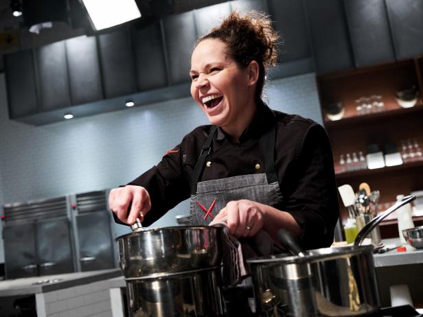 Chef Stephanie Izard preparing her dish, Cheese Plate (Blue Cheese Ice Cream with Blue Cheese Caramel Sauce, Bittersweet Chocolate Parmesan Crunch and Pickled Beet Tapenade), for the Cheese Battle, as seen on Iron Chef Gauntlet, Season 1.