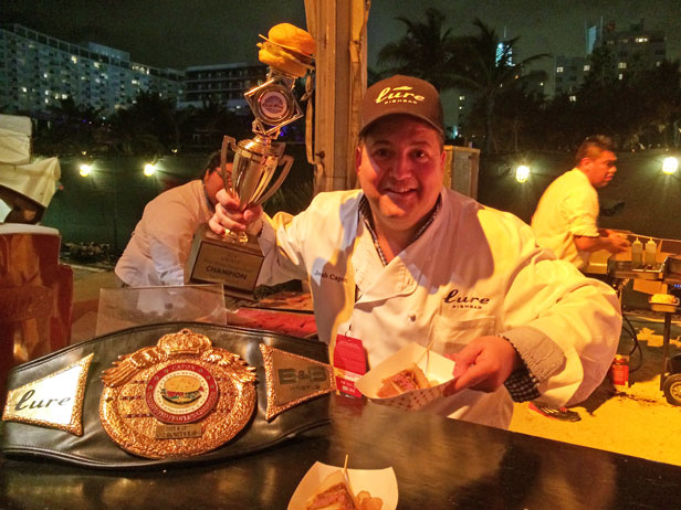 Get the details on Josh Capon's and Pincho Factory's winning burgers at this year's South Beach Wine &amp; Food Festival's Burger Bash.