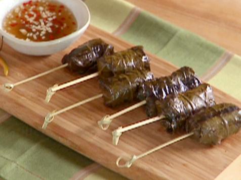 Grilled Beef in Grape Leaves with Sweet, Sour, and Spicy Dipping Sauce