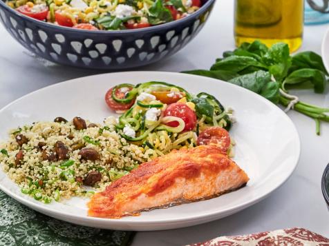 10-minute Salmon, Couscous and Summer Zucchini Noodle Salad