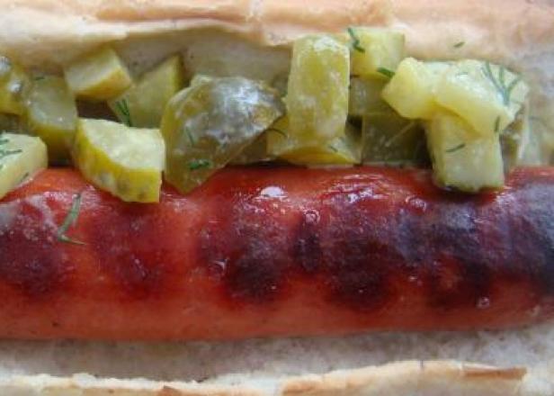 Grilled hot dog with Michael Chiarello's quick pickle relish