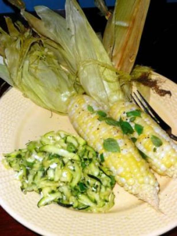 Raw zucchini salad and roasted corn