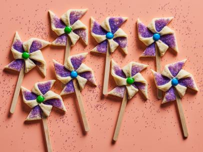 Description: Gale Gand's Katie’s Pinwheel Cookies. Keywords: Cream Cheese, Egg, Flour, Candy Coated Chocolate Candy, Colored Sugar.