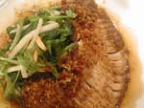 Crisp Seared Skate Wing on Sweet Pea Shoots, Slivered Almonds and Lemongrass Vinaigrette