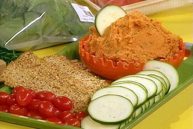 Chickpea, Roasted Pepper and Rosemary Spread with Flat Breads, Grape Tomatoes and Zucchini Discs image