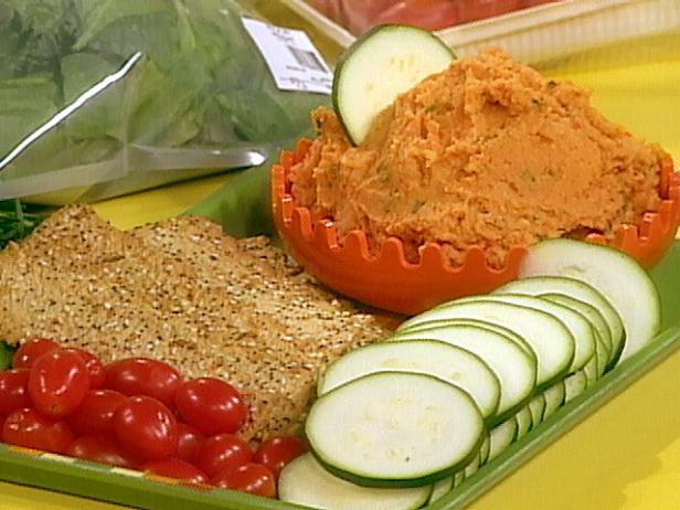 Chickpea Roasted Pepper And Rosemary Spread With Flat Breads Grape Tomatoes And Zucchini Discs Recipe Rachael Ray Food Network