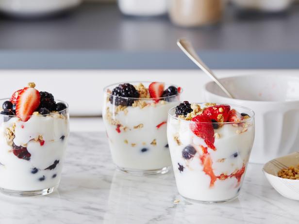 YOGURT AND FRUIT PARFAITS, Rachael Ray, 30 Minute Meals/Breakfast for Dinner, Food
Network, Vanilla Nonfat Yogurt, Frozen Strawberries, Blackberries, Raspberries, Blueberries,
Granola