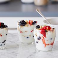YOGURT AND FRUIT PARFAITS, Rachael Ray, 30 Minute Meals/Breakfast for Dinner, Food
Network, Vanilla Nonfat Yogurt, Frozen Strawberries, Blackberries, Raspberries, Blueberries,
Granola