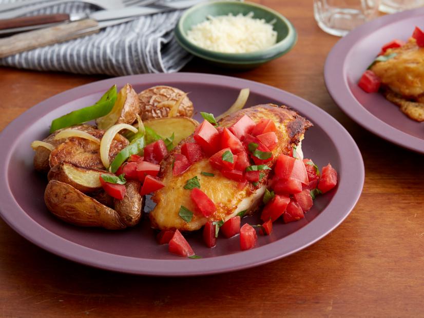 Parmesan Crusted Chicken Breasts With Tomato And Basil And Potatoes With Peppers And Onions Recipe Rachael Ray Food Network