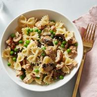 Giada De Laurentiis' Farfalle with Turkey Sausage, Peas and Mushrooms, as seen on Food Network's Everyday Italian, Season 1