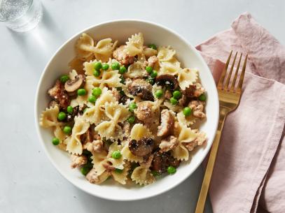 Giada De Laurentiis' Farfalle with Turkey Sausage, Peas and Mushrooms, as seen on Food Network's Everyday Italian, Season 1