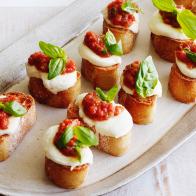 TOMATO, MOZZARELLA AND BASIL BRUSCHETTA, Giada De Laurentiis, EverydayItalian/Cocktail Party, Food Network, Whole Tomatoes, Basil, Olive Oil, Garlic, Baguettes,Mozzarella