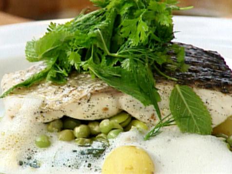 Steamed Sea Bass with Vanilla, Baby Vegetables and Cappuccino Sauce