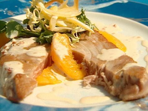 Grilled Tuna and Orange Salad with Candied Lemon and Mixed Baby Greens with Chili Aioli and Herb Tuile