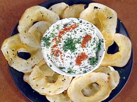 Homemade Bagel Chips with Creamy Garlic and Vegetable Spread