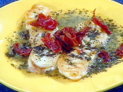 Pan-Roasted Halibut with Prosciutto, Lemon, White Wine, and Capers