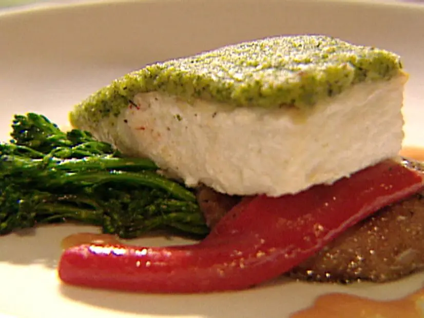 Brioche and Pesto Crusted Halibut with Portobello Caps, Broccoli