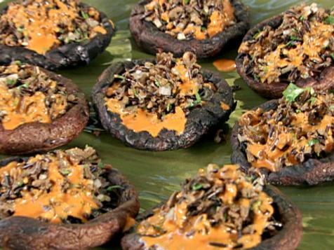 Grilled Portobellos Filled with Wild Rice-Almond Pilaf and Piquillo Pepper Vinaigrette