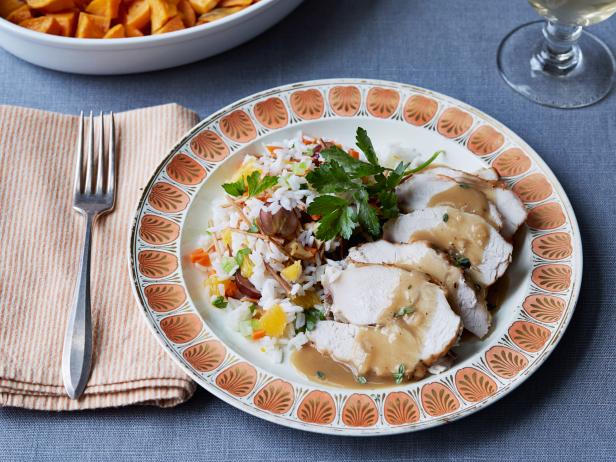 Roasted, Brined Turkey Breast with Maple-Worcestershire Gravy and Fruit and Nut Rice Pilaf image