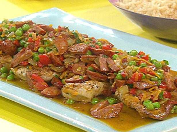 Chicken With Roasted Red Pepper Chorizo And Sweet Pea Sauce Over Rice Recipe Rachael Ray Food Network