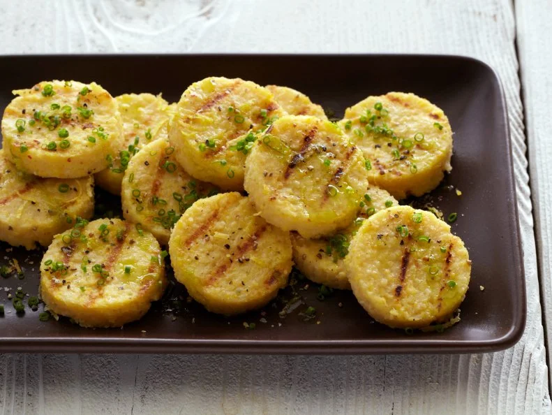 Bobby Flay's Grilled Chickpea Polenta Cakes with Chive Oil and Lemon