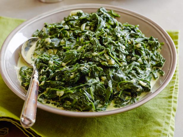 CREAMED SPINACHTyler FlorenceTylerâ  s Ultimate/Ultimate Holiday TableFood NetworkOlive Oil, Unsalted Butter, Onion, Garlic, Baby Spinach, Heavy Cream, Nutmeg, Sea Salt,Pepper