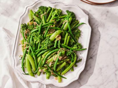 Description: Ina Garten's Green Green Spring Vegetables. Keywords: Asparagus, Broccolini, Shallots, French String Beans, Sugar Snap Peas.