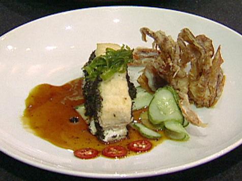 Pan Seared Wild Rockfish and Soft Shell Crab Tempura with Ginger and Yuzu Glaze, Cucumber and Toasted Nori