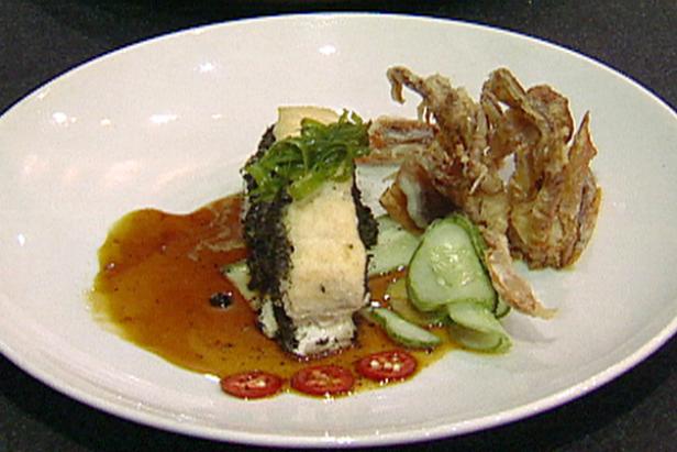 Pan Seared Wild Rockfish and Soft Shell Crab Tempura with Ginger and Yuzu Glaze, Cucumber and Toasted Nori